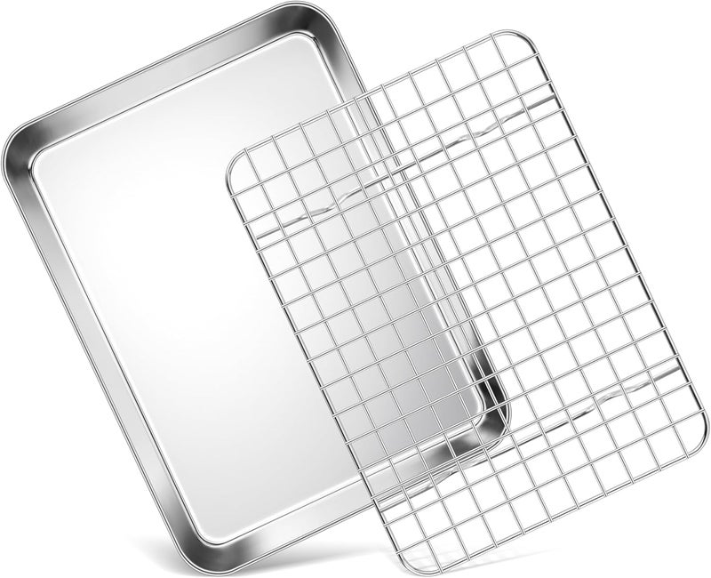 Homikit Toaster Oven Pan with Rack Set, 9 x 7 Inch Baking Sheet with Wire Rack, Stainless Steel Cookie Sheets for Baking, Small Cookie Sheets Bacon Tray with Cooling Rack, Rust Free & Dishwasher Safe - Image 1