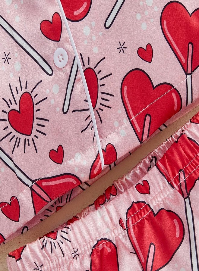 Ayalinggo Toddler Valentines Pjs Little Kids Baby Girls Feather Trim Silk Satin Pajamas Set Heart Bow Valentine Nightgown (Red A Heart, 5-6 Years) - Image 2