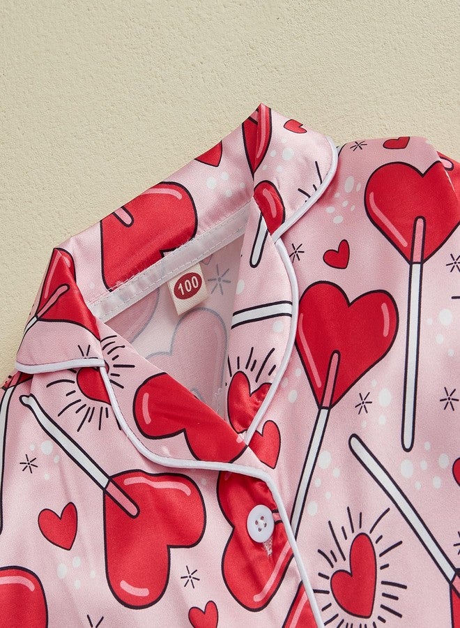 Ayalinggo Toddler Valentines Pjs Little Kids Baby Girls Feather Trim Silk Satin Pajamas Set Heart Bow Valentine Nightgown (Red A Heart, 5-6 Years) - Image 4