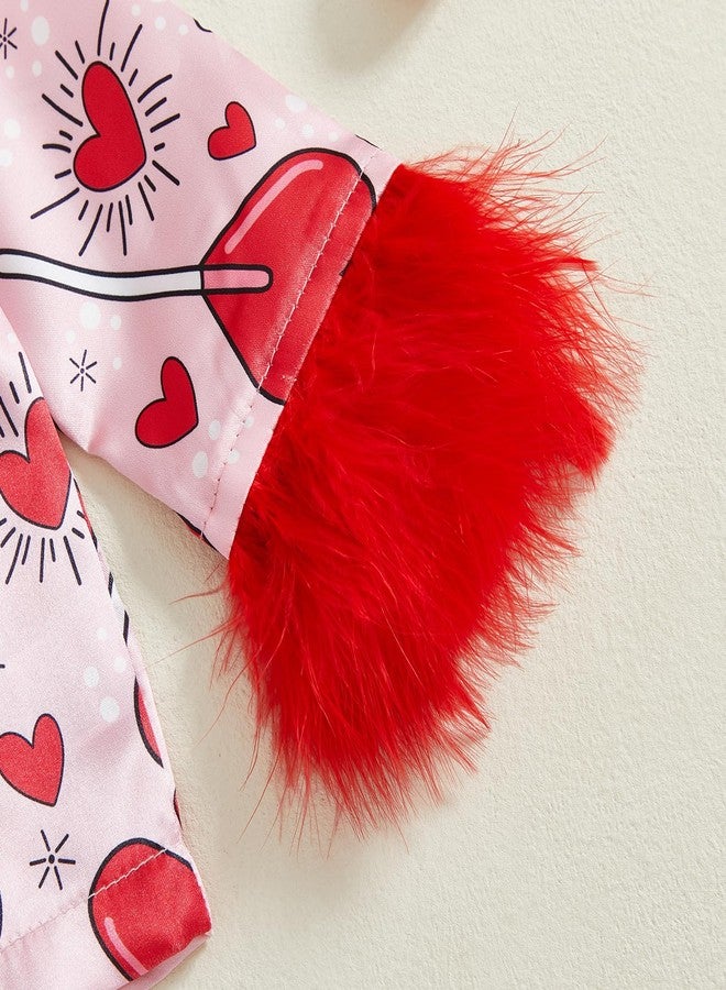 Ayalinggo Toddler Valentines Pjs Little Kids Baby Girls Feather Trim Silk Satin Pajamas Set Heart Bow Valentine Nightgown (Red A Heart, 5-6 Years) - Image 5