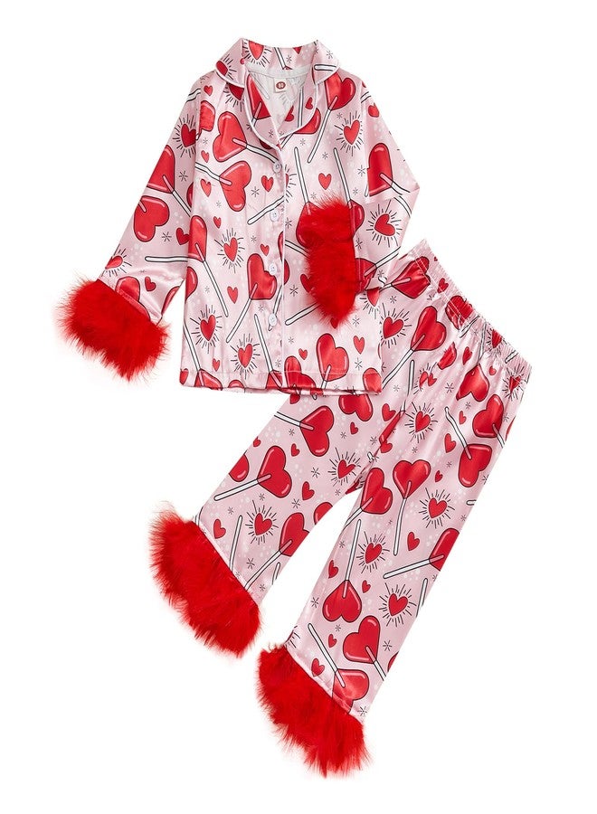 Ayalinggo Toddler Valentines Pjs Little Kids Baby Girls Feather Trim Silk Satin Pajamas Set Heart Bow Valentine Nightgown (Red A Heart, 5-6 Years) - Image 1