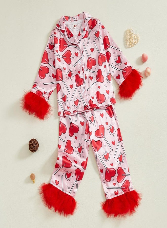 Ayalinggo Toddler Valentines Pjs Little Kids Baby Girls Feather Trim Silk Satin Pajamas Set Heart Bow Valentine Nightgown (Red A Heart, 5-6 Years) - Image 3