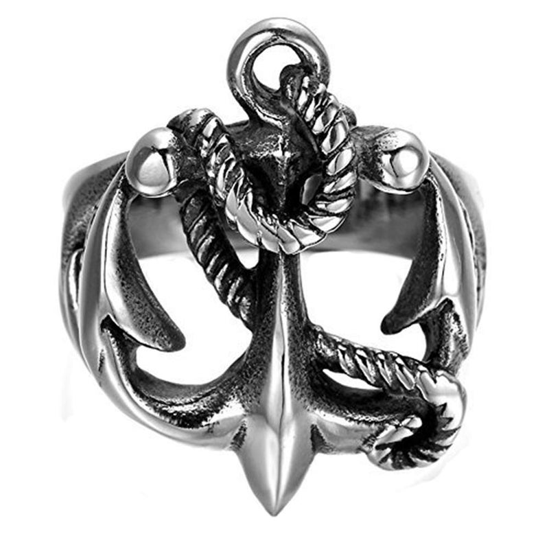 JAJAFOOK Silver Tone Black Anchor Signet Nautical Rope Stainless Steel Men's Ring,Retro Biker Punk - Image 1