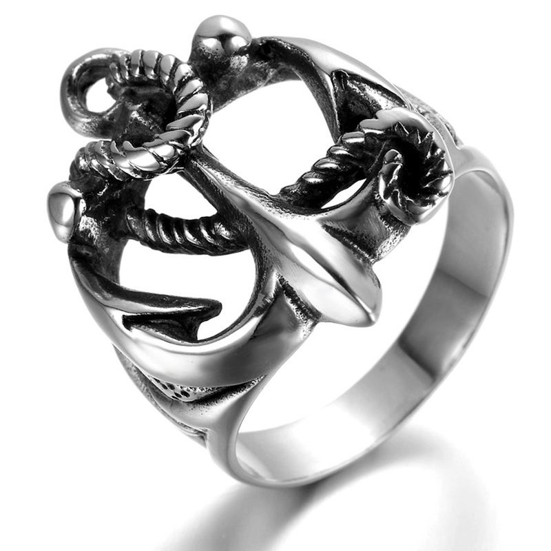 JAJAFOOK Silver Tone Black Anchor Signet Nautical Rope Stainless Steel Men's Ring,Retro Biker Punk - Image 2