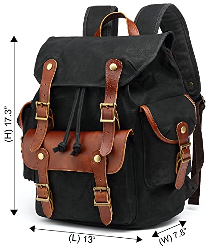 HuaChen Vintage Heavy Duty Canvas Backpack with Leather Trims,Military Rucksack for Travel, Hiking,School, College Bookbag Daypack - M85 Black - Image 2