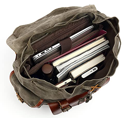 HuaChen Vintage Heavy Duty Canvas Backpack with Leather Trims,Military Rucksack for Travel, Hiking,School, College Bookbag Daypack - M85 Black - Image 5