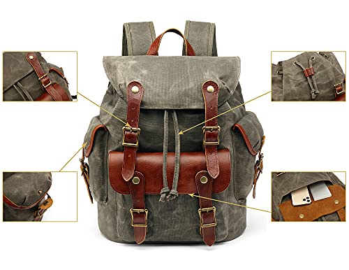 HuaChen Vintage Heavy Duty Canvas Backpack with Leather Trims,Military Rucksack for Travel, Hiking,School, College Bookbag Daypack - M85 Black - Image 3