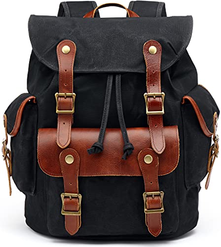 HuaChen Vintage Heavy Duty Canvas Backpack with Leather Trims,Military Rucksack for Travel, Hiking,School, College Bookbag Daypack - M85 Black - Image 1