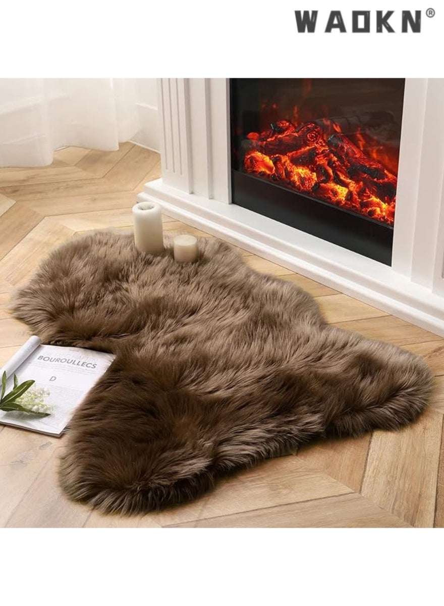 Soft Faux Sheepskin Fur Chair & Couch Cover with Area Rug Set - Perfect for Bedroom, Floor, Sofa, and Living Room Spaces - Extended Size 0.6m x 1.2m (Dark Coffee)