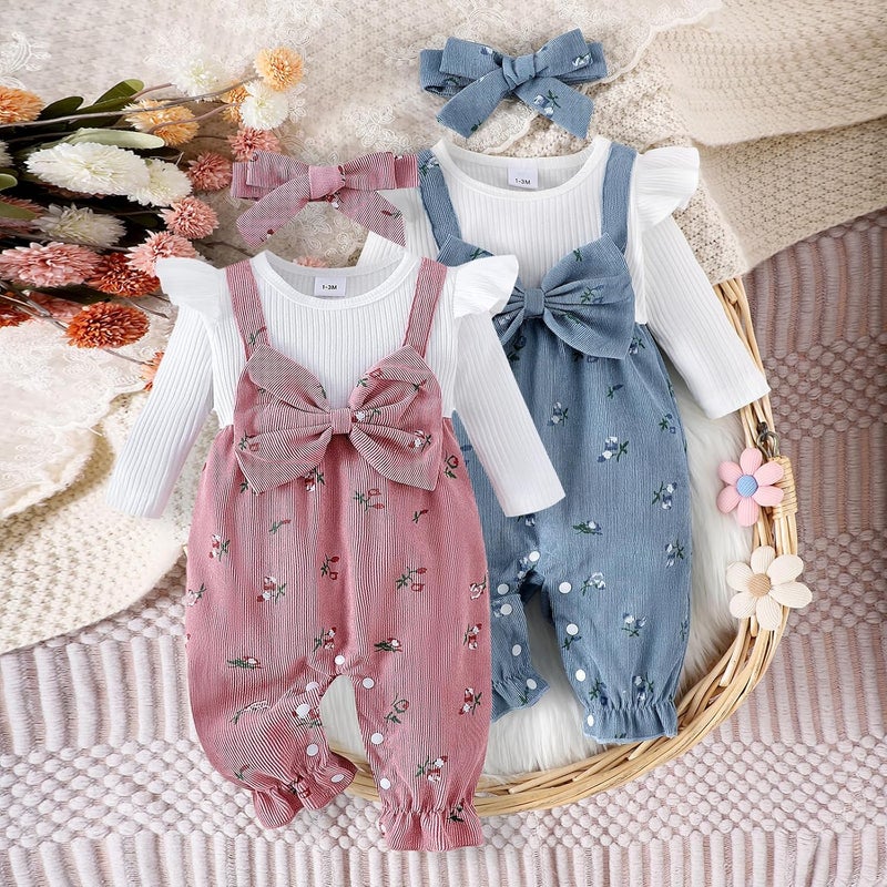 YINGISFITM Newborn Baby Girl Clothes Floral Romper Fack Two Piece Jumpsuit - Image 3