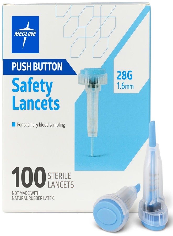 Medline Sterile Safety Lancets, Push-Button Activation, Blood Glucose Testing, Controlled Penetration, 28G x 1.6 mm, 100 Count - Image 1