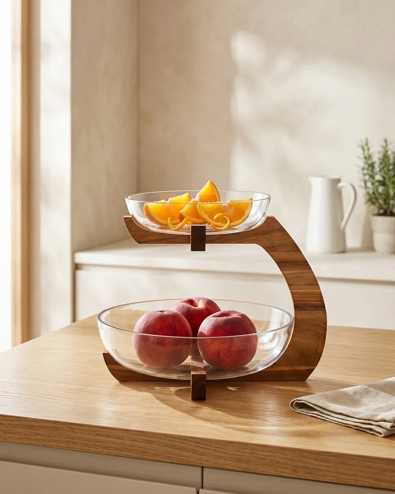 REDTAG Clear Glass 2 Tier Bowl With Wood Stand