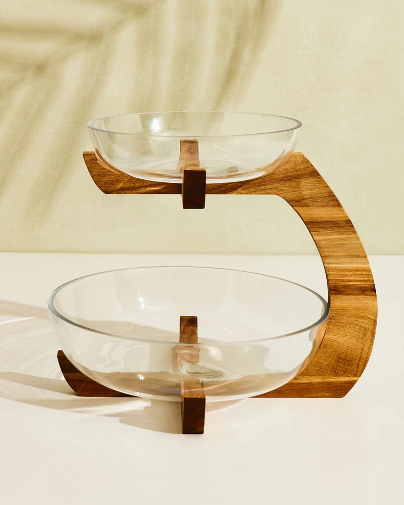 REDTAG Clear Glass 2 Tier Bowl With Wood Stand