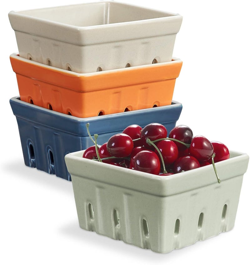 ONEMORE Ceramic Berry Basket Rustic Stoneware Berry Bowls Colander Square Fruit Bowls for Kitchen Dcor Set of 4 45 inch Assorted Color - Image 1