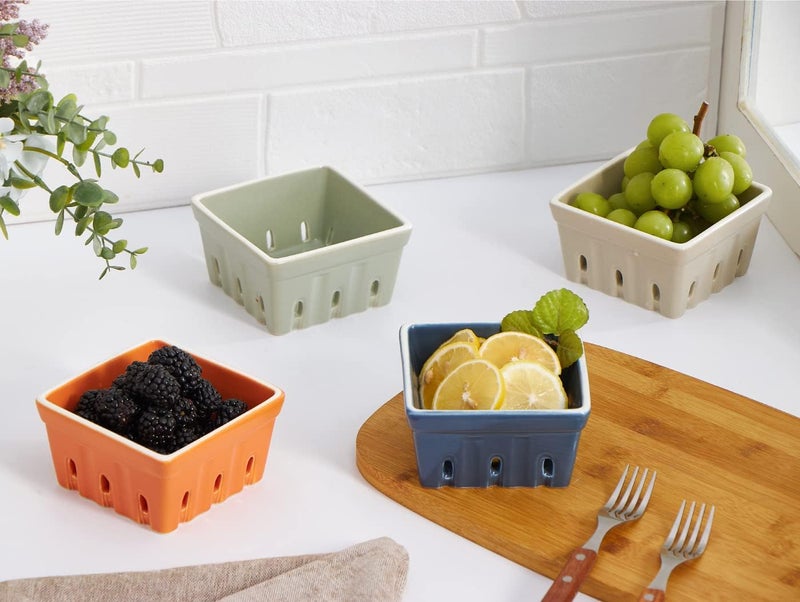 ONEMORE Ceramic Berry Basket Rustic Stoneware Berry Bowls Colander Square Fruit Bowls for Kitchen Dcor Set of 4 45 inch Assorted Color - Image 3