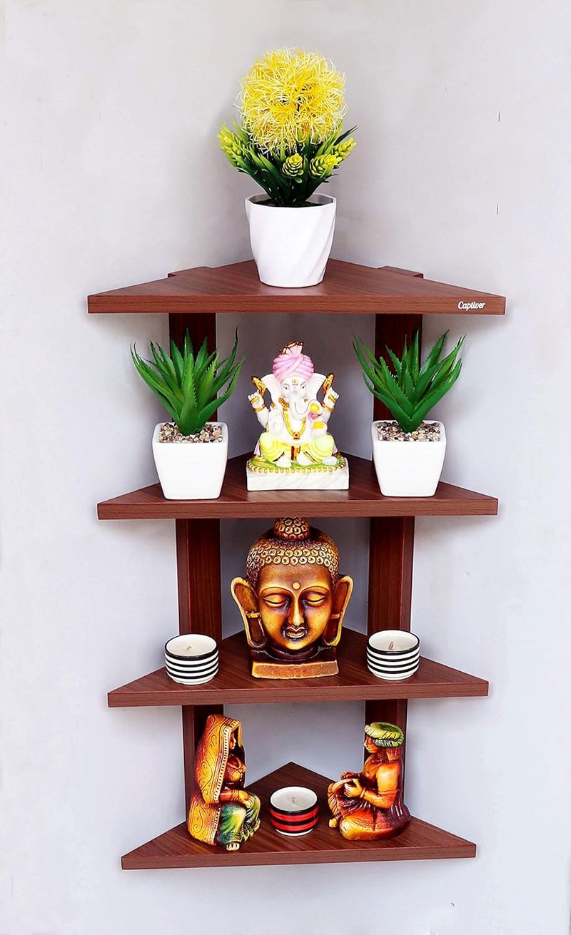 Captiver Delta Engineered Wood Wall Mounted Corner Wall Shelf Unit Tier 4 Teak Book Living Room Decor Bedroom Kitchen Floating Rack Bathroom Storage - Image 1
