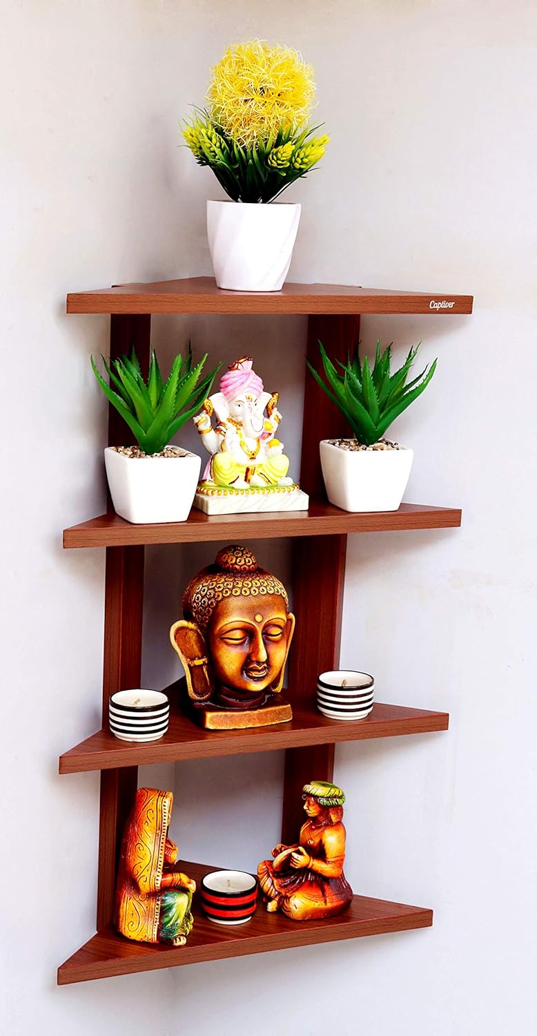 Captiver Delta Engineered Wood Wall Mounted Corner Wall Shelf Unit Tier 4 Teak Book Living Room Decor Bedroom Kitchen Floating Rack Bathroom Storage - Image 2