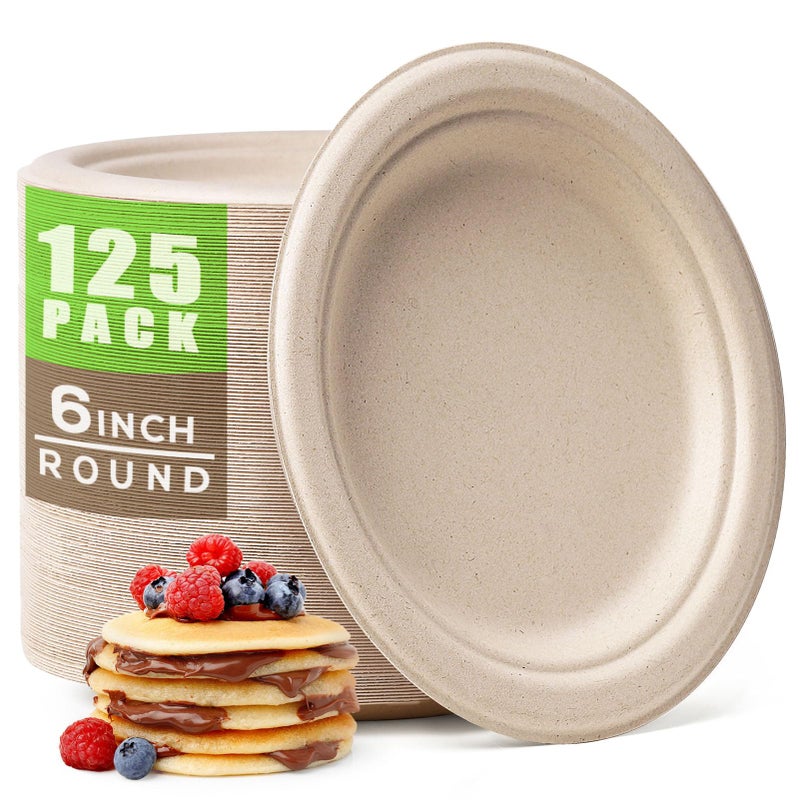 Gezond Compostable Small Paper Plates 6 Inch 125 Pack Dessert Plates Disposable Heavy-duty Made of Sugarcane Fiber - Image 1