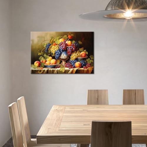 GLOKAKA Kitchen Fruit Canvas Wall Art Vintage Still Life Painting Fruits and Grape Print Picture Rustic Farmhouse Colorful Framed Food Art for Dining Room Home Decor - Image 2