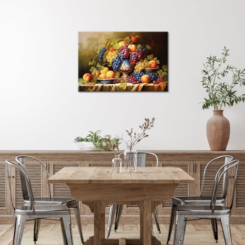 GLOKAKA Kitchen Fruit Canvas Wall Art Vintage Still Life Painting Fruits and Grape Print Picture Rustic Farmhouse Colorful Framed Food Art for Dining Room Home Decor - Image 4