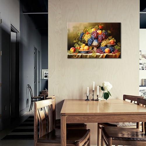 GLOKAKA Kitchen Fruit Canvas Wall Art Vintage Still Life Painting Fruits and Grape Print Picture Rustic Farmhouse Colorful Framed Food Art for Dining Room Home Decor - Image 3