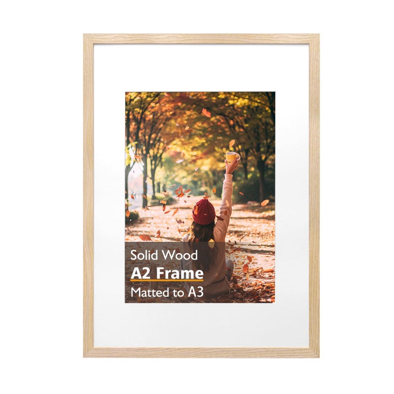 KINLINK A2 Picture Frame Natural Solid Wood Frame with Acrylic Plexiglass 165 x 235 Frame for Pictures A3 with Mat or A2 without Mat Wall Mounting Display Photo Frame 1 Pack