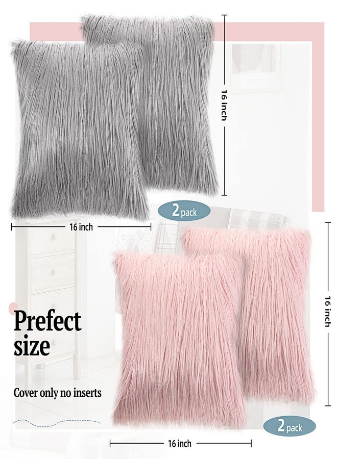 Irenare 4 Pack Faux Fur Throw Pillow Covers Square Cushion Cover Fuzzy Pillow Case Soft Decorative Pillowcase for Sofa, Couch, Chair, Bed, 16 x 16 Inch (Pink, Gray) - Image 2