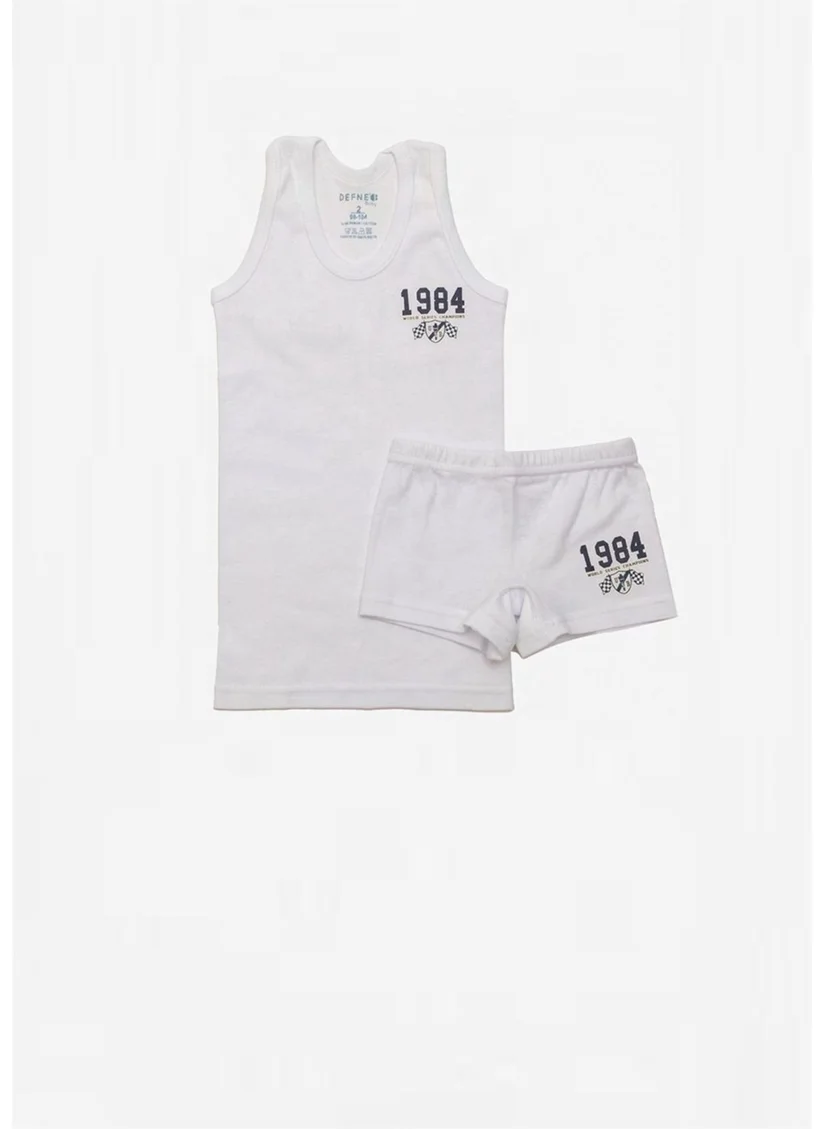Defne 100% Cotton Printed Boy White Undershirt Boxer Set