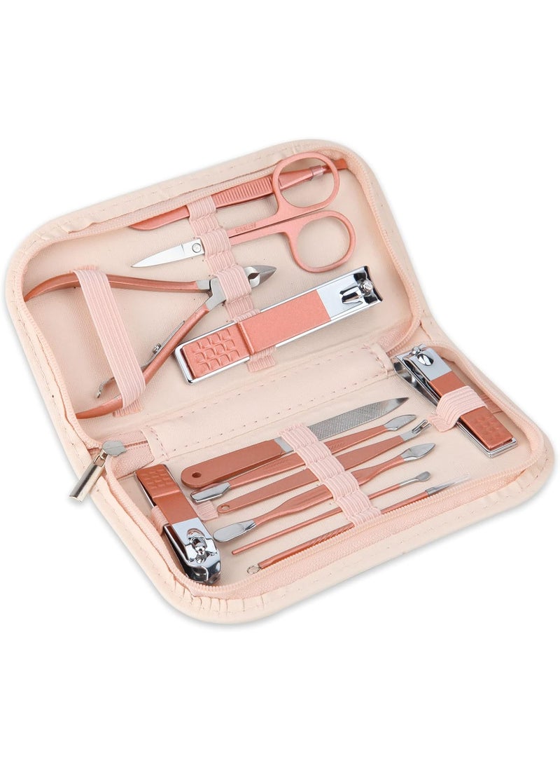 BOTEFEI Nail Clippers and Beauty Tool Portable Set, Rose Gold Martensitic Stainless Steel Manicure Set 12 in 1, with Pink Leather Bag, Suitable for Home, Workplace, Outdoor Travel, Gift Giving, Salon. 