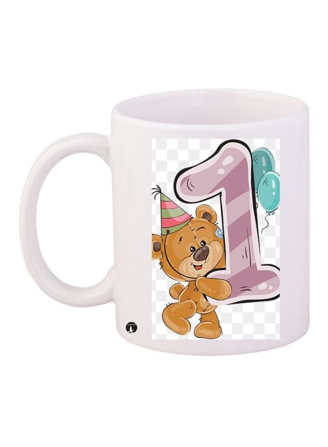 RYN Teddy Bear Printed Coffee Mug White/Brown/Purple 11ounce