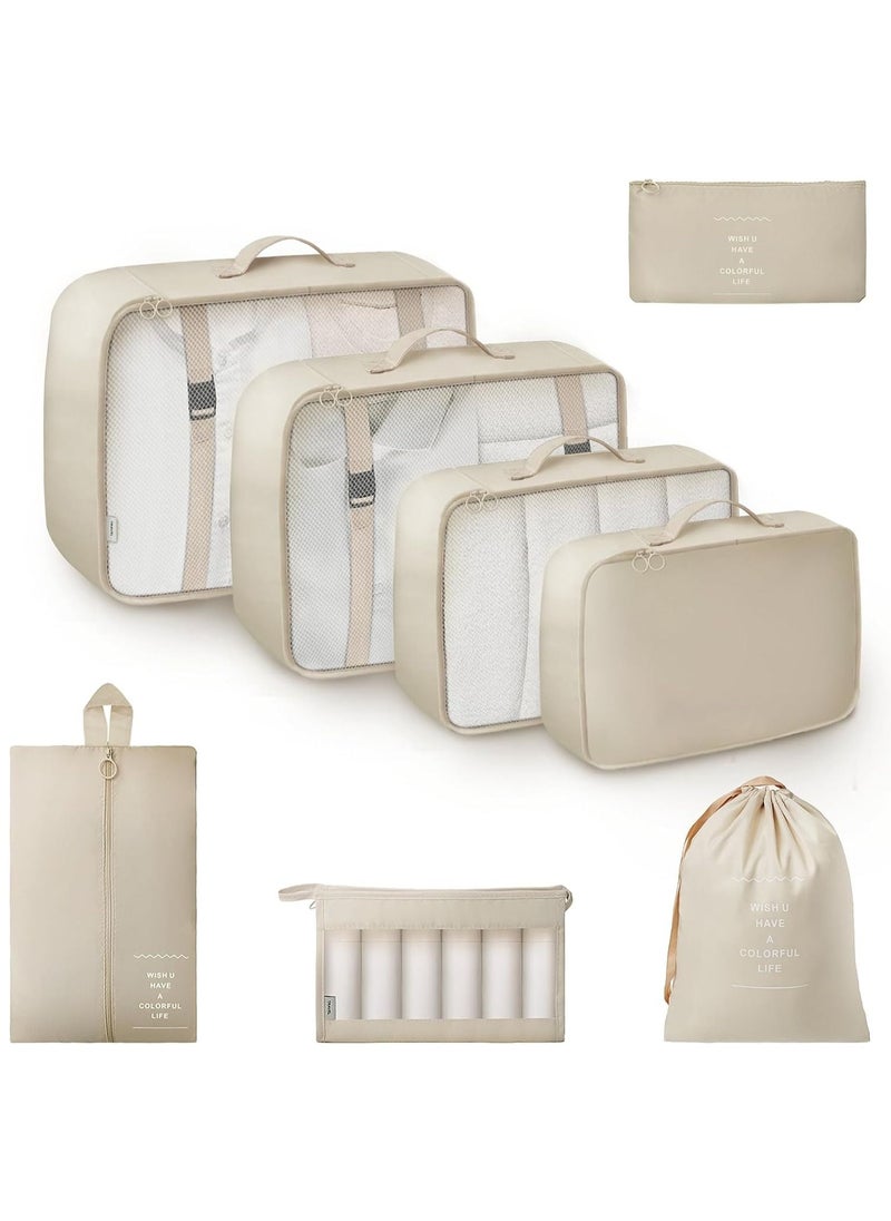 Swift 8 Set Packing Cubes for Suitcases, Travel Luggage Packing Organizers with Laundry Bag, Compression Storage Shoe Bag, Clothing Underwear Bag, for Man and Women, Beige  - Image 1