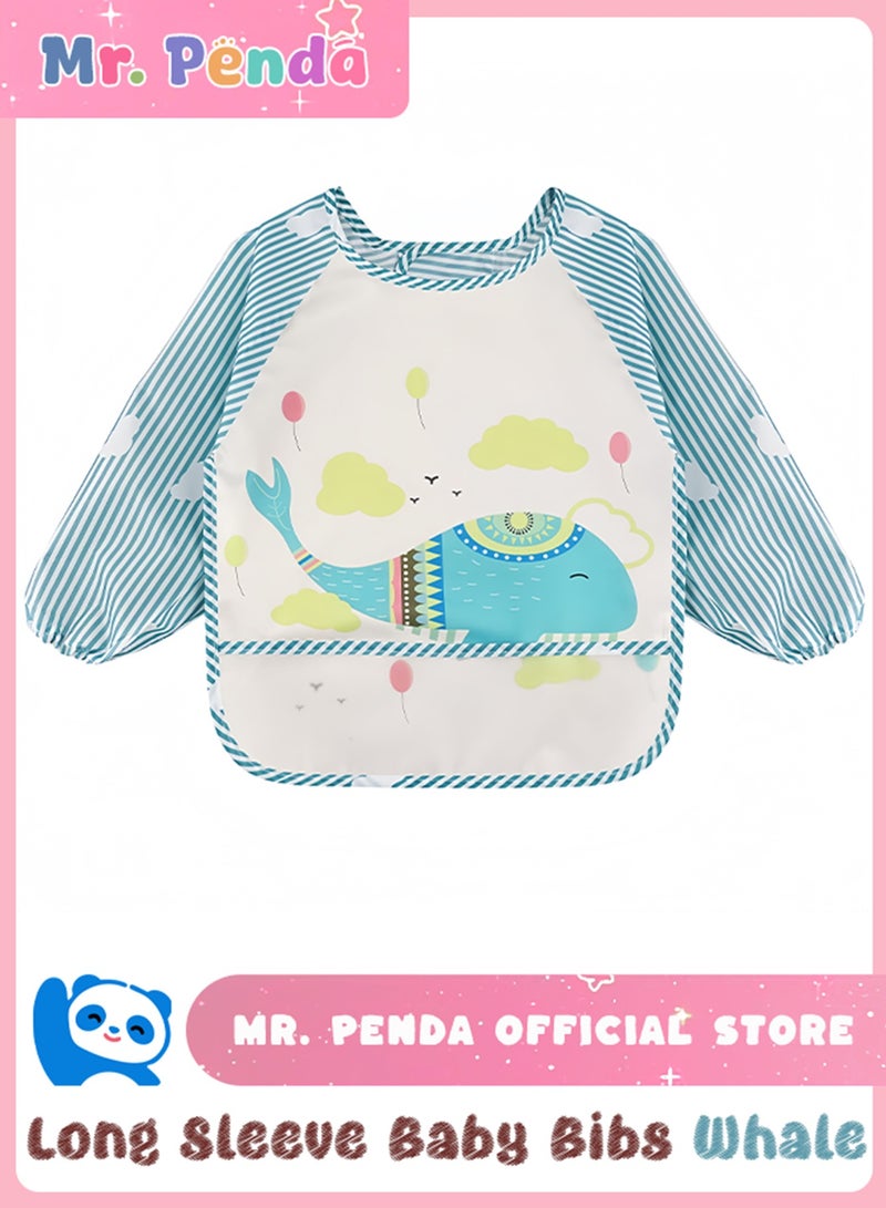Mr. Penda Long Sleeve Baby Bibs, Waterproof Sleeved Bib Smock for Baby Toddler 6-36 Months,Reusable with Catch-all Pocket (Whale)  - Image 1