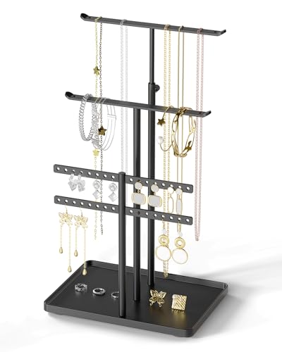 susswiff Jewelry Holder Organizer Stand Adjustable Jewelry Tree 175 Height Max Jewlery Hanger for Necklaces Bracelets Earrings Aesthetic for Storage and Display Metal Black - Image 1