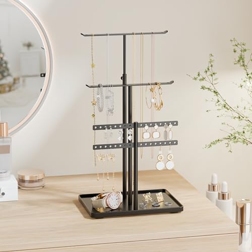 susswiff Jewelry Holder Organizer Stand Adjustable Jewelry Tree 175 Height Max Jewlery Hanger for Necklaces Bracelets Earrings Aesthetic for Storage and Display Metal Black - Image 3
