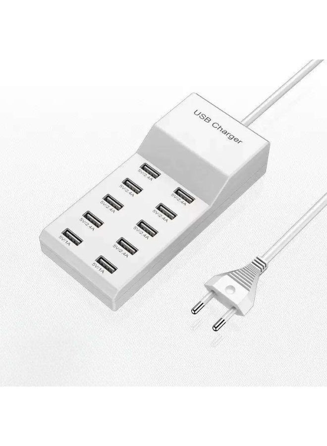 سمارت باري شاحن مكتبي متعدد المنافذ، 10 منافذ USB، أبيض - محطة شحن سريعة ذكية عالمية للعائلة في حالات الطوارئ والسفر - Image 1