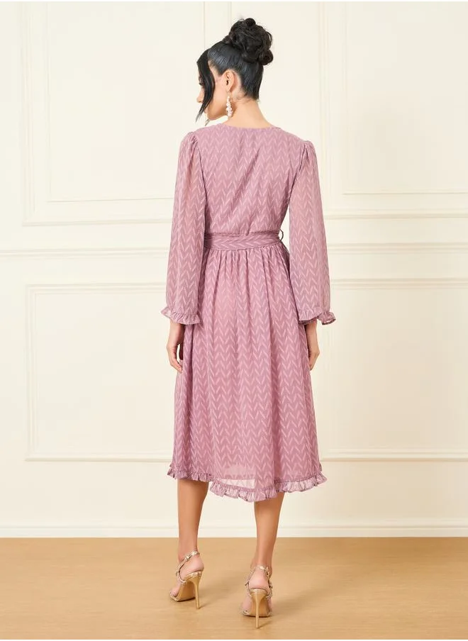 Styli Dobby Zig Zag Flute Sleeve A-Line Midi Dress