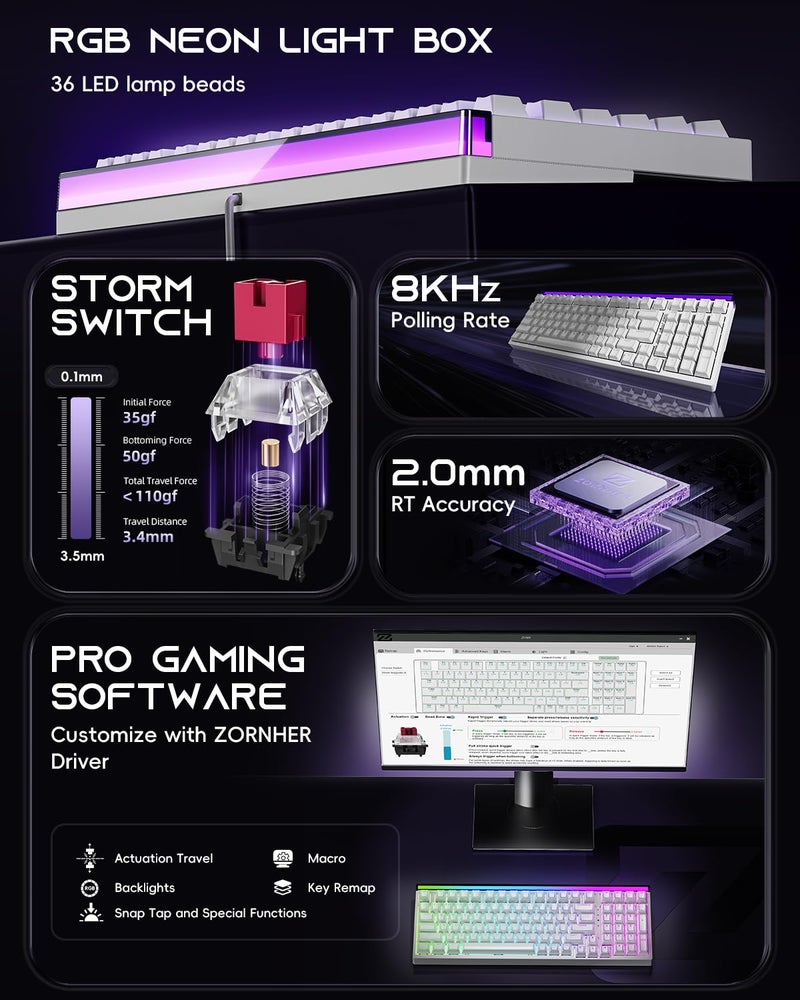 ZORNHER ZH99HE Mechanical Gaming Keyboard, Full Size White Gaming Keyboard with Creamy Switch,Soft RGB Backlit Light Box,Adjustable Actuation & Rapid Trigger, Hall Effect Technology - Image 2