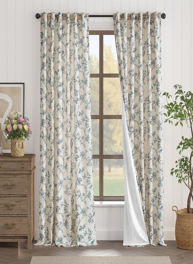 Lazzzy Farmhouse Lined Linen Blue Floral Curtains 96 Inch Long Back Tab Drapes for Living Room Bedroom Light Filtering Country Vintage Rod Pocket, 2 Panels, Blue on Beige - Image 2