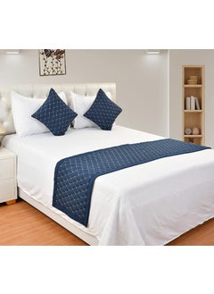 PRISCILLA Priscilla 200TC Solid Quilted Velvet Bed Runner Scarf with Matching Cushion CoversSlipcover Mattress ProtectorBed Linen ScarfDecorative Set for BedroomsHotel RoomsGuest Rooms Navy Blue  - Image 1
