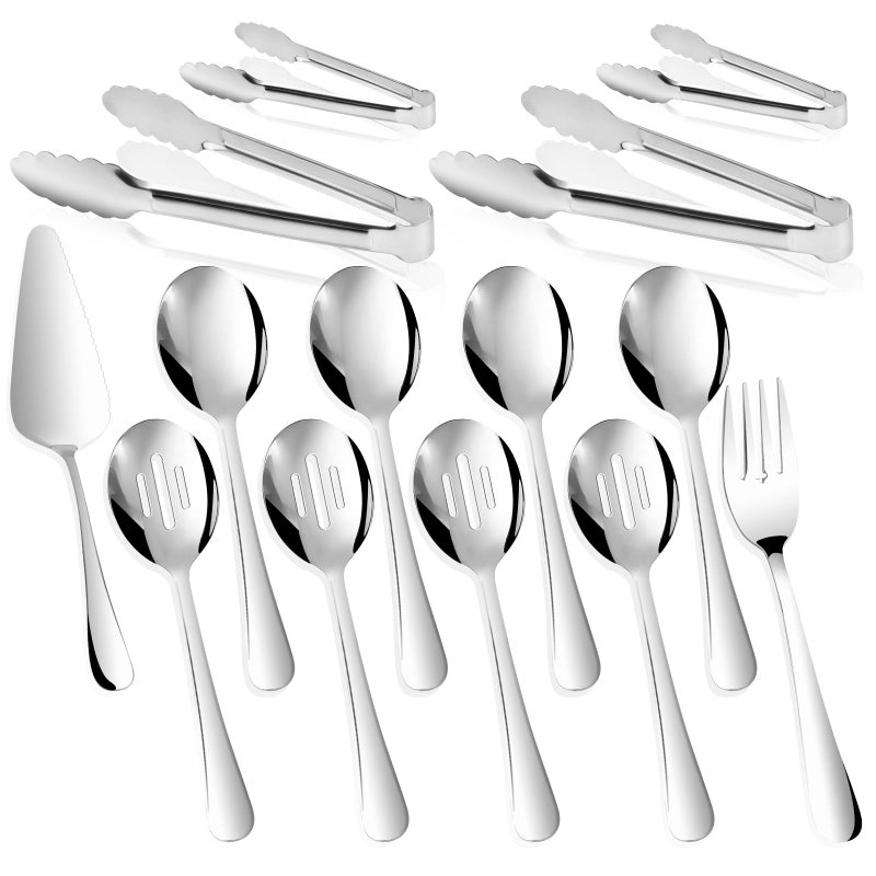 Gisly 14PCS Serving Utensils - Hostess Serving Utensils Set, Premium Stainless Steel 8.7 inch Serving Utensils, Slotted Spoons, Fork, Tongs, Cake Pie Server for Buffet, Wedding, Dinner (Silver) - Image 1