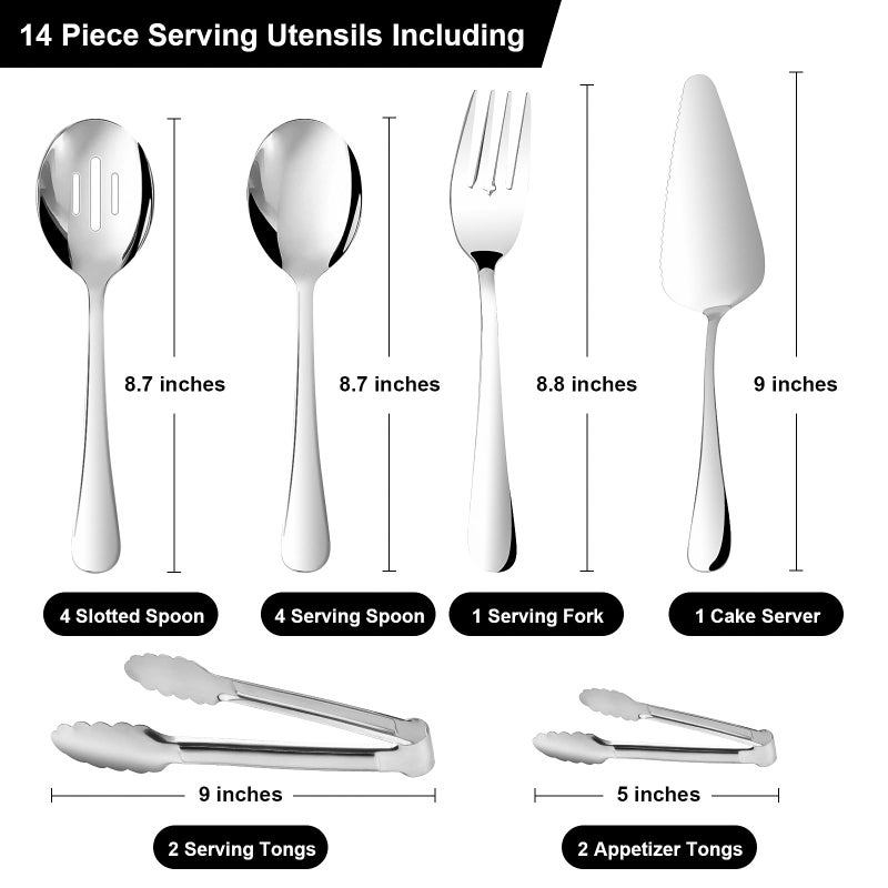 Gisly 14PCS Serving Utensils - Hostess Serving Utensils Set, Premium Stainless Steel 8.7 inch Serving Utensils, Slotted Spoons, Fork, Tongs, Cake Pie Server for Buffet, Wedding, Dinner (Silver) - Image 2
