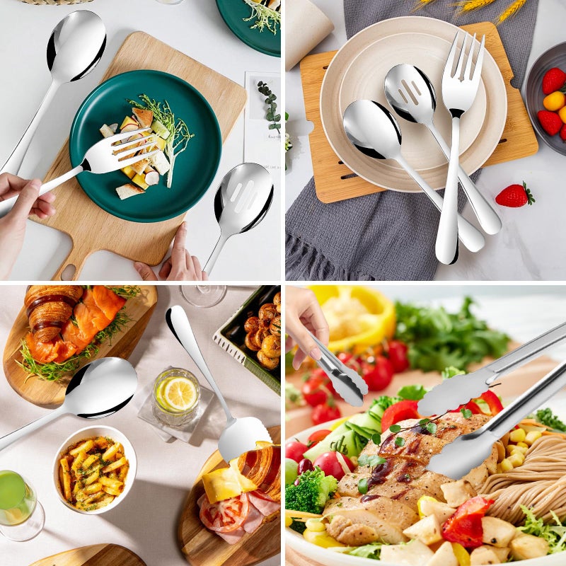 Gisly 14PCS Serving Utensils - Hostess Serving Utensils Set, Premium Stainless Steel 8.7 inch Serving Utensils, Slotted Spoons, Fork, Tongs, Cake Pie Server for Buffet, Wedding, Dinner (Silver) - Image 5