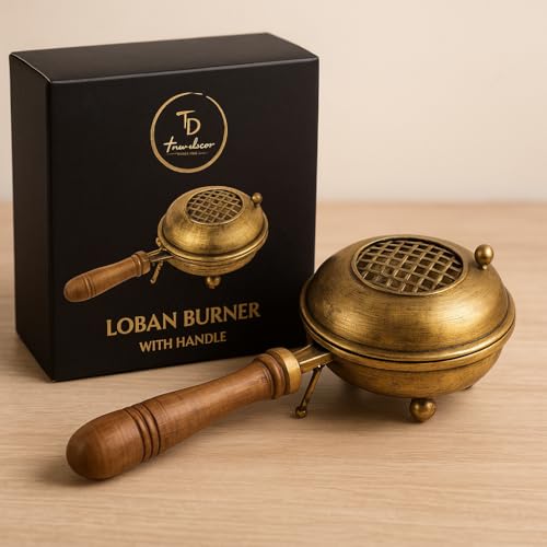 True Decor Brass Home Purifing Dhoop Dani Bakhoor Burner Dhop Holder Dhup with Wooden Handle for Home Office Temple Puja and Shuddhi (4.5 Inch Diameter) - Image 3