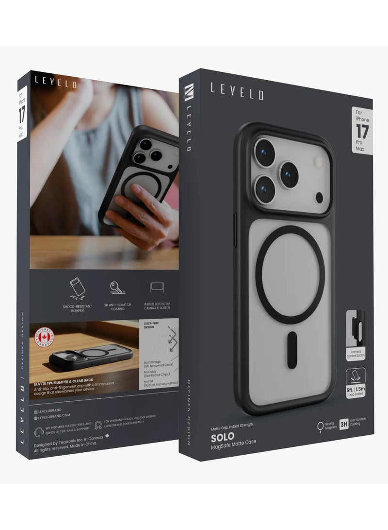 LEVELO iPhone 17 Pro Max Solo Matte MagSafe Case / 5ft. | 1.5m Drop Tested / MagSafe Compatible / Strong Magnets / Back Cover - Black - Image 4