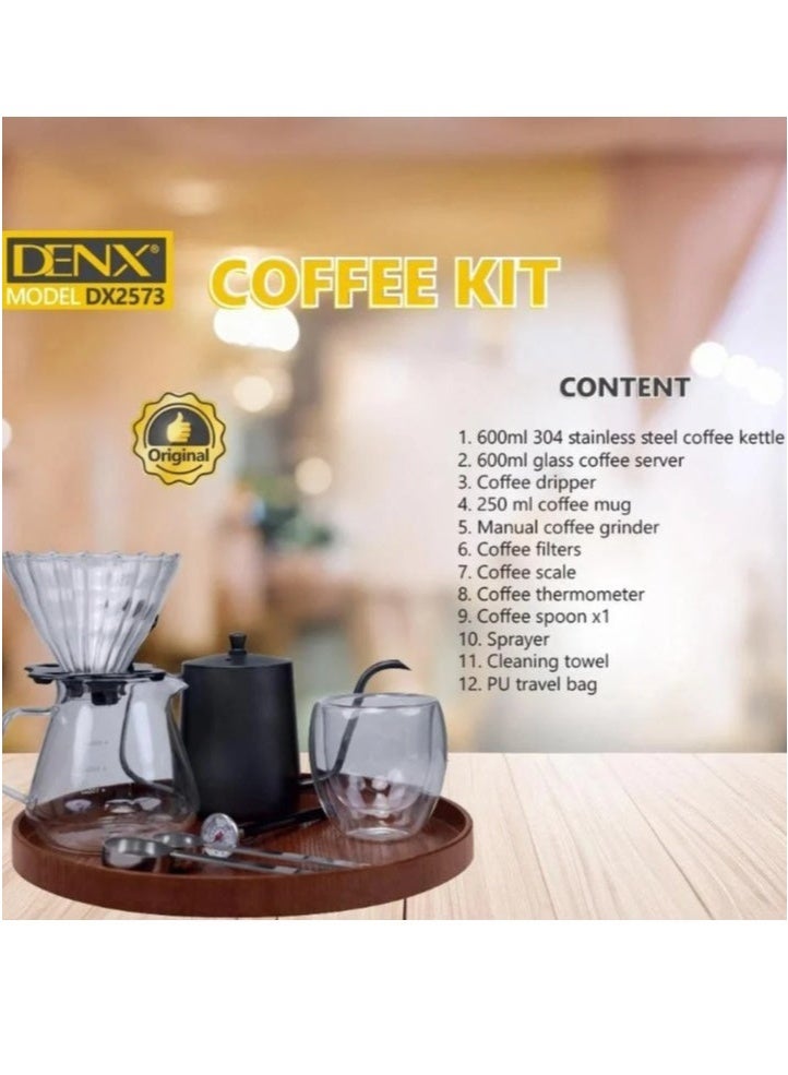 DENX Coffee Maker Kit, 12pcs Coffee Accessories Tools with Portable Carrying Bag, Drip Coffee Kit, 0.6L Coffee Kettle, 0.6 Litter Glass Coffee, 250 Ml Coffee Mug, Manual Coffee Grinder, Coffee Filter, Coffee Scale, Coffee Thermometer, Coffee Spoon, Sprayer, Cleaning Towel DX2573 - Image 3