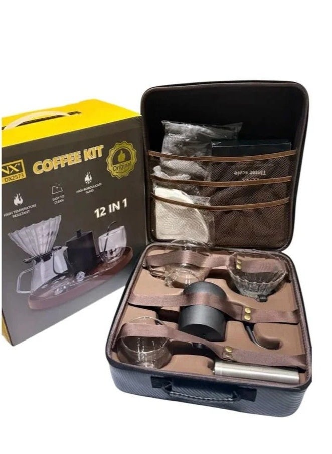 DENX Coffee Maker Kit, 12pcs Coffee Accessories Tools with Portable Carrying Bag, Drip Coffee Kit, 0.6L Coffee Kettle, 0.6 Litter Glass Coffee, 250 Ml Coffee Mug, Manual Coffee Grinder, Coffee Filter, Coffee Scale, Coffee Thermometer, Coffee Spoon, Sprayer, Cleaning Towel DX2573 - Image 2