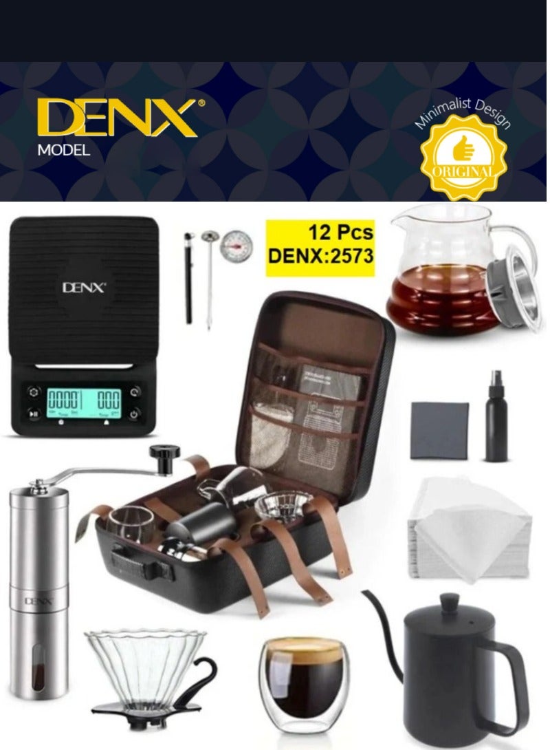 DENX Coffee Maker Kit, 12pcs Coffee Accessories Tools with Portable Carrying Bag, Drip Coffee Kit, 0.6L Coffee Kettle, 0.6 Litter Glass Coffee, 250 Ml Coffee Mug, Manual Coffee Grinder, Coffee Filter, Coffee Scale, Coffee Thermometer, Coffee Spoon, Sprayer, Cleaning Towel DX2573 - Image 1