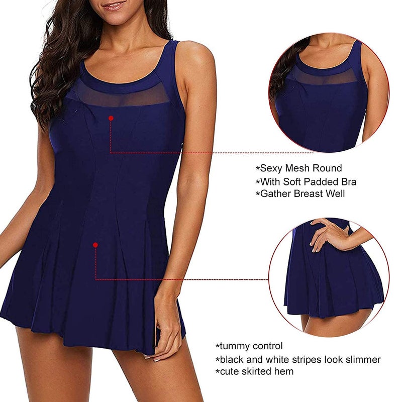 Zando Women's Plus Size One Piece Swim Dress | Tummy Control Bathing Suit with Mesh Skirt for Over 50 Pure Navy 10-12 - Image 5