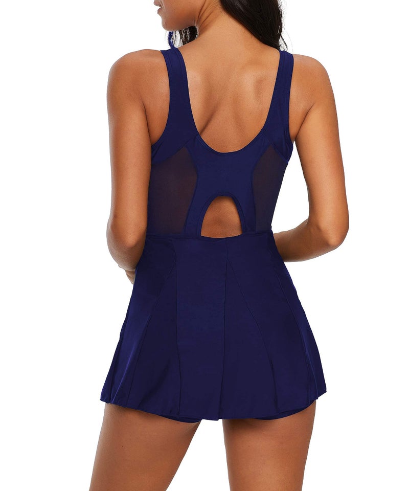 Zando Women's Plus Size One Piece Swim Dress | Tummy Control Bathing Suit with Mesh Skirt for Over 50 Pure Navy 10-12 - Image 3