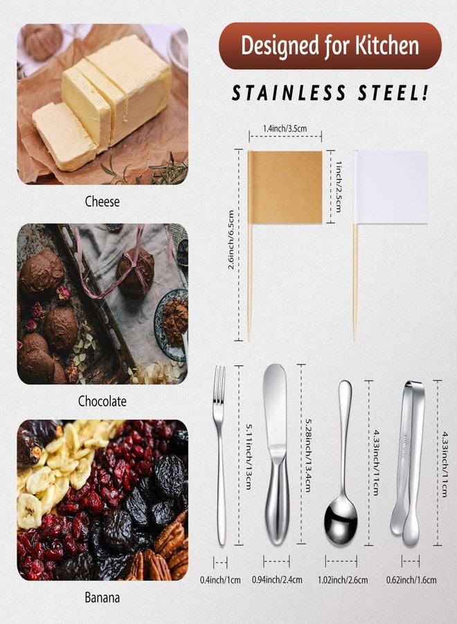 باتيلاي مجموعة أدوات تقديم الجبن والمعجنات من الفولاذ المقاوم للصدأ، تتضمن 14 قطعة من ملحقات لوح التقديم، وسكاكين فرد الجبن، وملقط صغير، وملاعق، وشوك (فضي). - Image 4